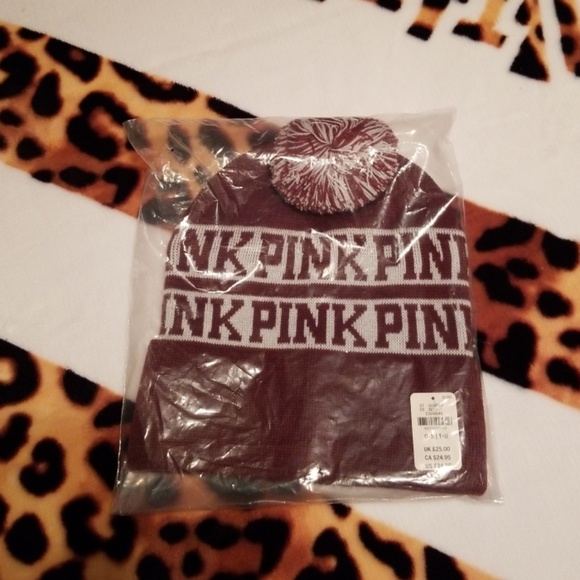 NWT VS PINK Maroon & White Pom Pom Beanie - Picture 2 of 5